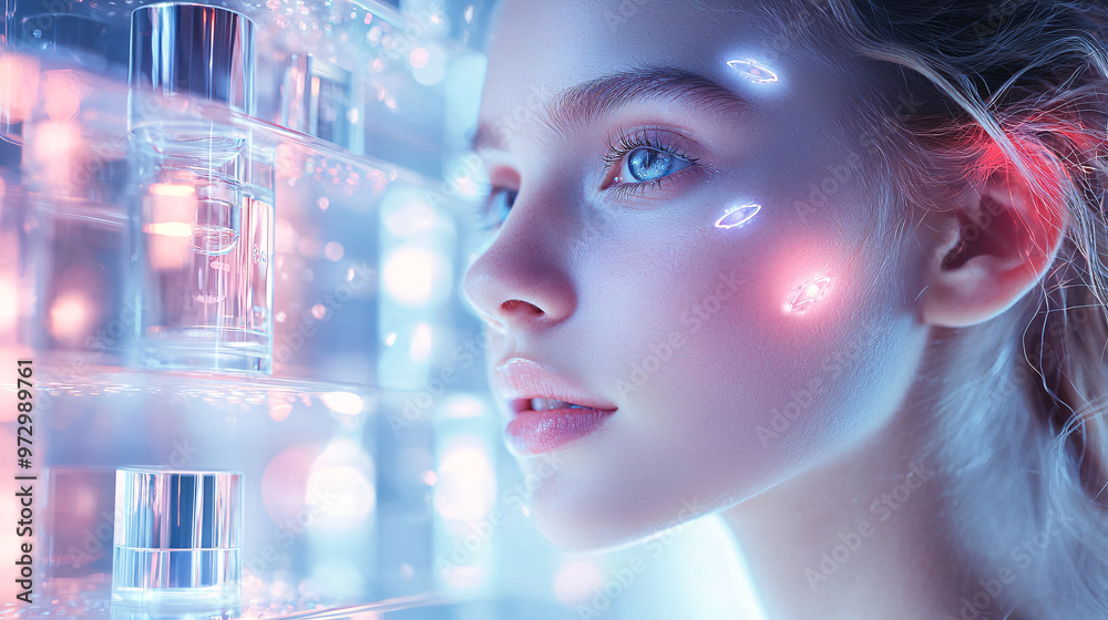 Surreal portrayal of a beautiful European teenage girl with a radiant complexion, surrounded by floating, illuminated skincare products and abstract light patterns. Surreal portrayal of a beautiful European teenage girl with a radiant complexion, surrounded by floating, illuminated skincare products and abstract light patterns.