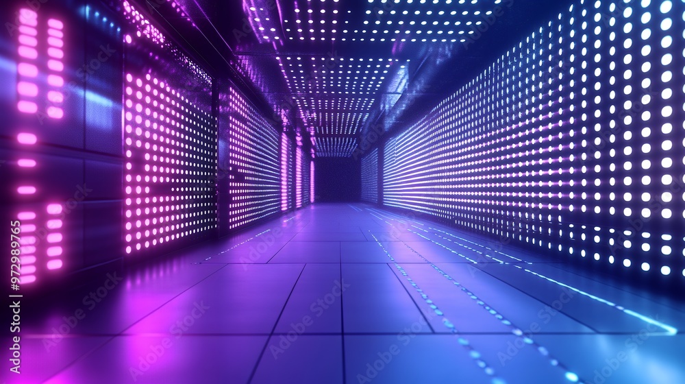 A futuristic hallway lined with glowing purple and blue LED lights creates a vibrant and dynamic atmosphere. A futuristic hallway lined with glowing purple and blue LED lights creates a vibrant and dynamic atmosphere.