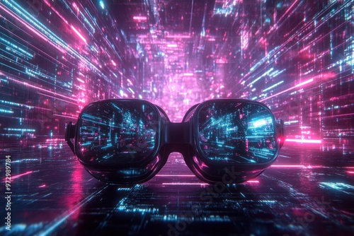 Stylish VR glasses in neon digital cyberworld scene photo