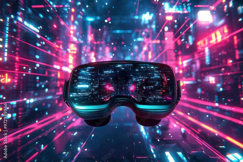 Futuristic VR goggles in high-tech city environment Futuristic VR goggles in high-tech city environment
