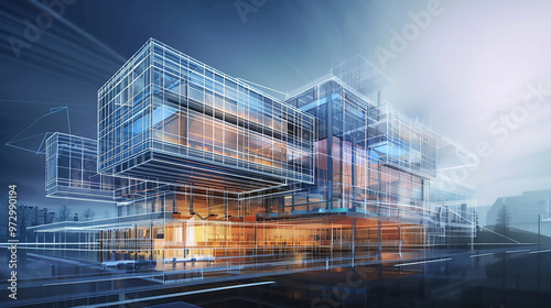 Architecture building schematic .Digital Blueprint of Modern Building