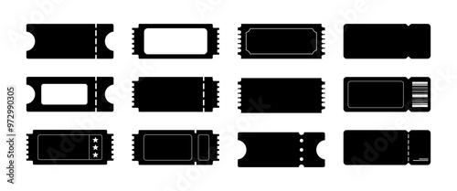 Ticket vector Icon set, Black Isolate Coupon graphic elements, DiscountPromotion Tags, Voucher, Movie Ticket, Concert, Vacation sign, Entertainment illustration, vector stock for business  (Editable)