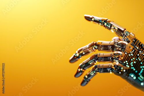 A futuristic robot hand with intricate detailing, showcasing advanced technology against a vibrant yellow background. photo