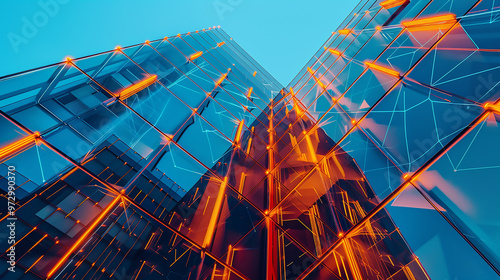 A tall building with many windows and a bright orange sky in the background