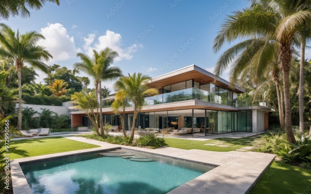 Fototapeta premium Serene Modern Two-Story House with Glass Walls, Wooden Roof, Pal