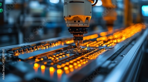 Close-up of a robotic arm assembling electronic components on a circuit board in an advanced manufacturing facility. photo