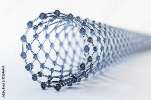 Close-up of a carbon nanotube structure displaying its unique hexagonal arrangement and cylindrical shape, ideal for scientific visuals. photo