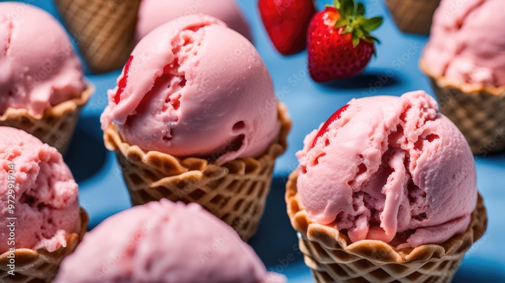 Pink strawberry ice cream in a waffle cone. Cold refreshing berry dessert on a hot summer day. Food photo in the studio on blue background. Pastel colors. Pink strawberry ice cream in a waffle cone. Cold refreshing berry dessert on a hot summer day. Food photo in the studio on blue background. Pastel colors.