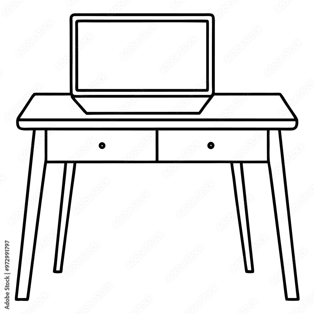 desk with laptop outline coloring book page line art drawing desk with laptop outline coloring book page line art drawing