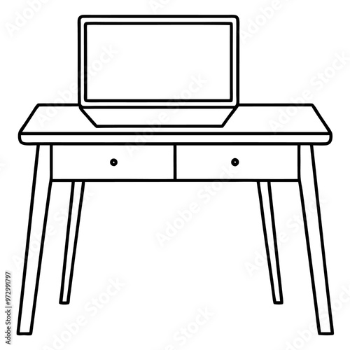 desk with laptop outline coloring book page line art drawing