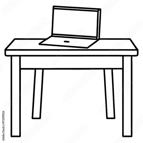 desk with laptop outline coloring book page line art drawing