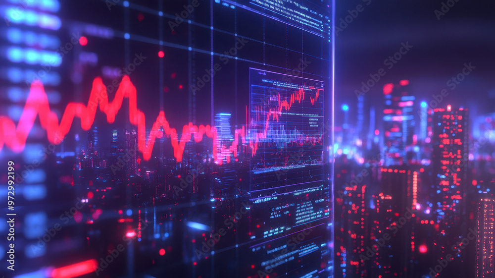 Cityscape in Cyberspace with stock charts Cityscape in Cyberspace with stock charts