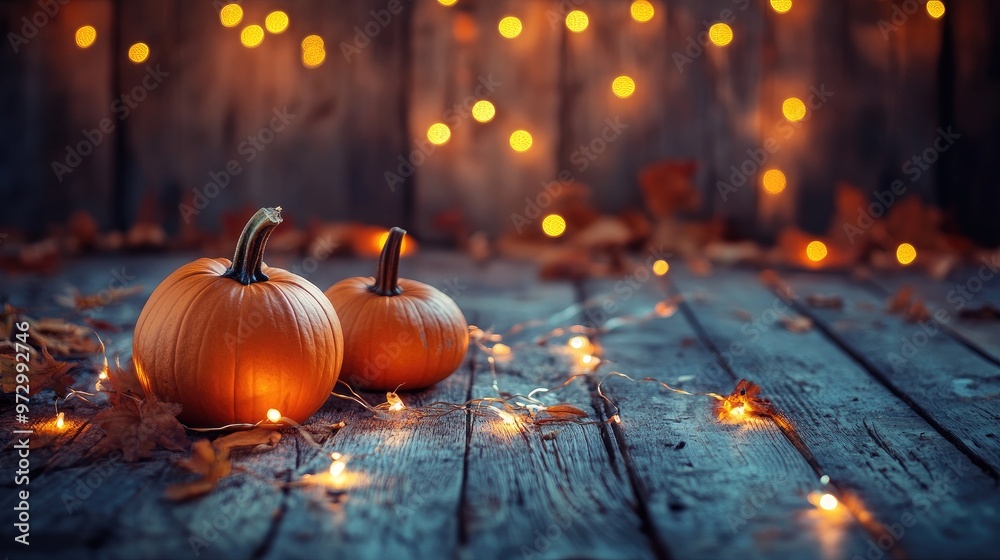 © ShinneProject - Two small pumpkins with fall leaves and string lights on a wooden surface.