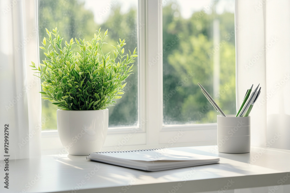 Elegant modern home Office with Modern Pot Tree and Coffee with large window day light for working Elegant modern home Office with Modern Pot Tree and Coffee with large window day light for working