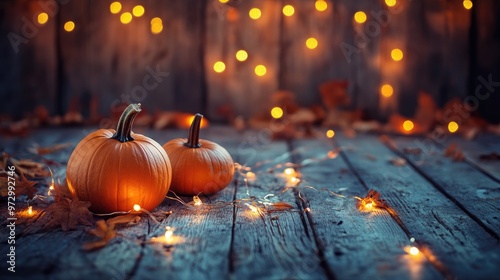 Two small pumpkins with fall leaves and string lights on a wooden surface.
