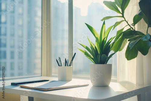 Elegant modern home Office with Modern Pot Tree and Coffee with large window day light for working 