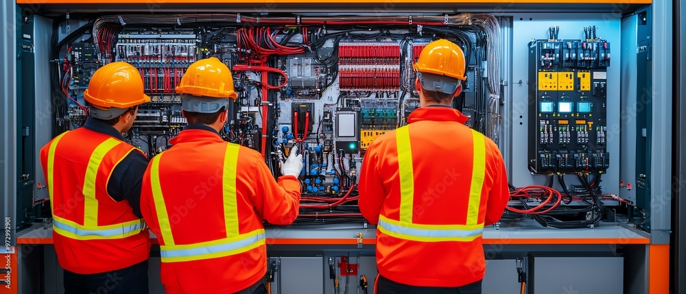 Engineers working on electrical control panel in industrial setting, showcasing safety gear and teamwork in action. Engineers working on electrical control panel in industrial setting, showcasing safety gear and teamwork in action.