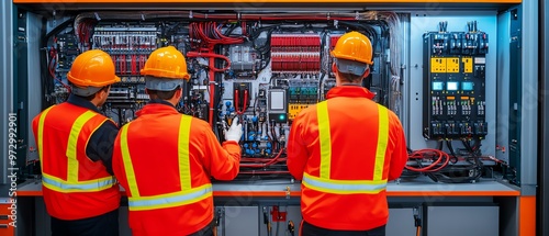 Engineers working on electrical control panel in industrial setting, showcasing safety gear and teamwork in action.