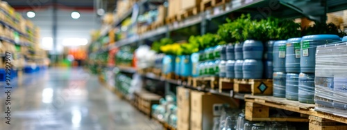 Warehouse shelves with plants and industrial supplies