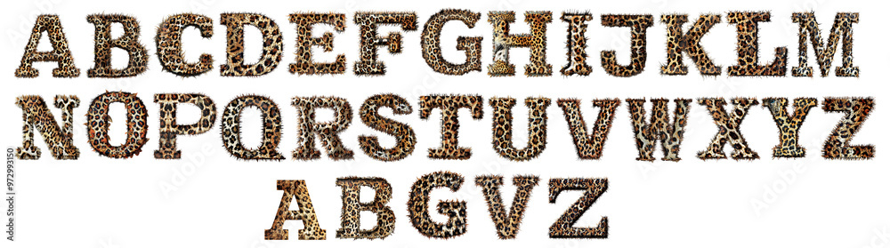 Alphabet letters styled with a leopard print pattern, showcasing a bold and playful design. Alphabet letters styled with a leopard print pattern, showcasing a bold and playful design.