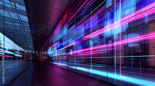 A cityscape with neon lights and a colorful blur of lights