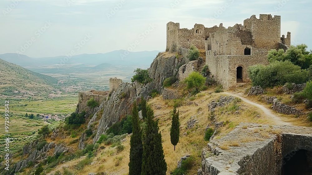 Ruined Stone Castle Perched on a Mountaintop Overlooking a Valley Ruined Stone Castle Perched on a Mountaintop Overlooking a Valley