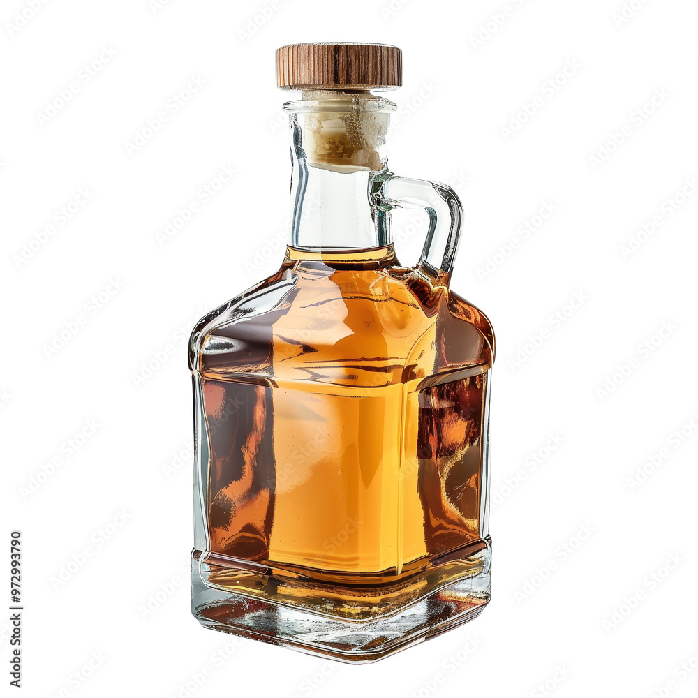 Glass Bottle Containing Amber Liquid with Wooden Stopper Design. Glass Bottle Containing Amber Liquid with Wooden Stopper Design.