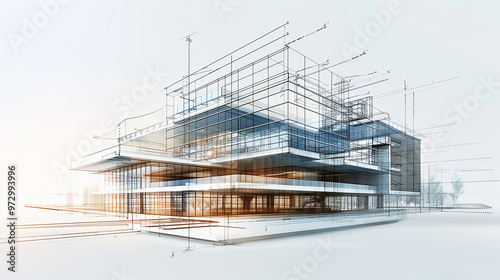 Modern Architecture building construction perspective design, building sketch line drawing on white background