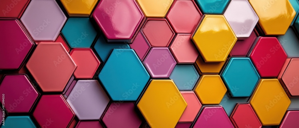 Craft a background with a mosaic of hexagonal tiles in vibrant colors like fuchsia, electric blue, and bright yellow. Craft a background with a mosaic of hexagonal tiles in vibrant colors like fuchsia, electric blue, and bright yellow.