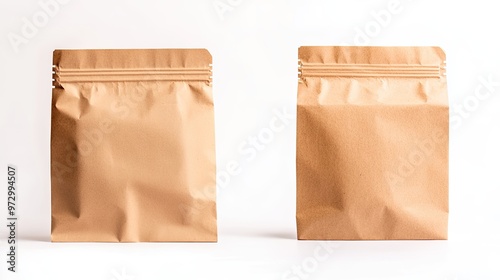 A simple brown paper bag packaging template, isolated on a white background, showing both front and back views, perfect for product mockups and design presentations.