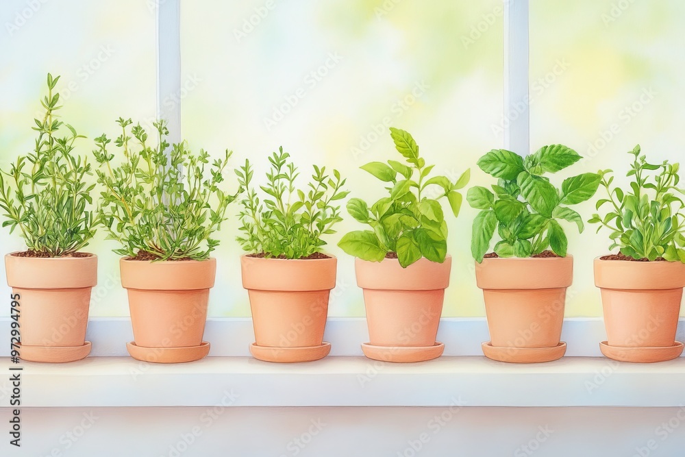 A beautiful display of various herbs growing in clay pots on a bright windowsill, showcasing nature's vibrant greenery. A beautiful display of various herbs growing in clay pots on a bright windowsill, showcasing nature's vibrant greenery.