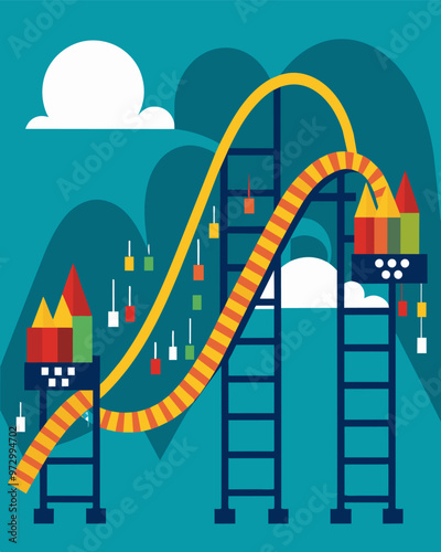 A rollercoaster design with stock market symbols dotted along the track representing the thrilling highs and lows of volatile markets.. Vector illustration