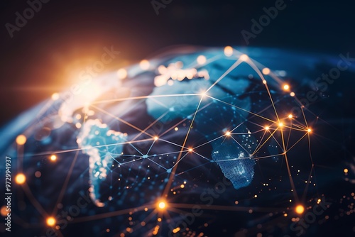 Global communication network interconnected nodes and data flow symbolize worldwide connectivity , Communication technology for internet business. Global world network and telecommunication on earth.
