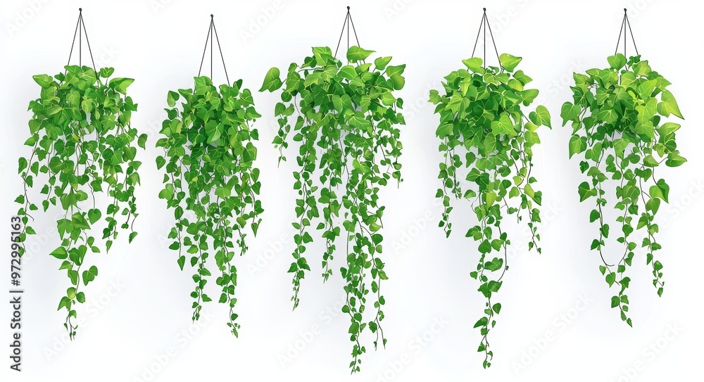Fototapeta premium Modern cartoon green ivy set with grape liana stems, climbing leaves, and plants in a garden. Isolated on white background.