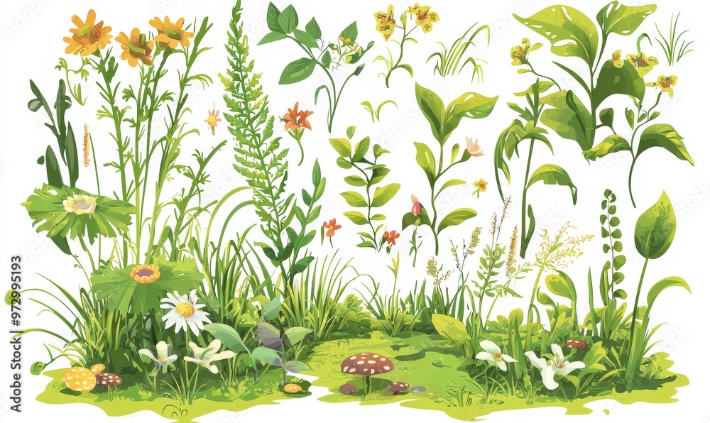 Obraz premium Cartoon set with grass shoots, stems, leaves, and pasture border with horizontal vegetation.