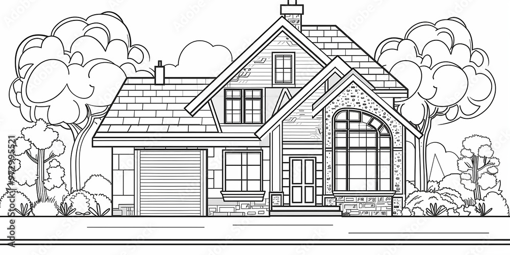 Fototapeta premium Sketch of countryside house surrounded by trees.
