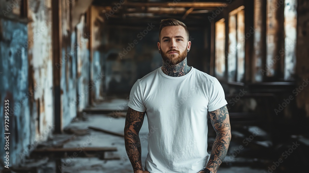 A man with tattoos on both arms is wearing a white t-shirt. A man with tattoos on both arms is wearing a white t-shirt.