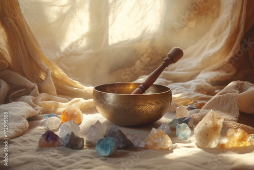  a yoga singing bowl on a simple, light-colored stone altar in a serene indoor space. Surround the bowl with a few candles and a small, potted plant peaceful setting