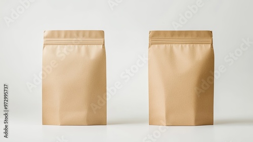 Simple brown paper bag packaging template, front and back views displayed against a white background. Ideal for eco-friendly product mockups or design presentations.