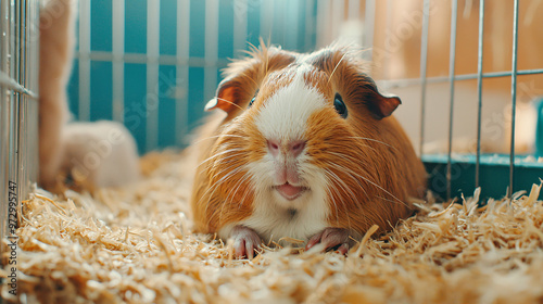 A guinea pig grooming itself in a cozy corner of its cage, captured from an eye-level view with a vintage style and a minimal background, emphasizing the grooming action and the tranquil setting 