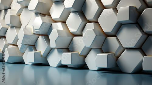 Abstract hexagonal grid pattern with overlapping and interlocking shapes, creating a dynamic and visually