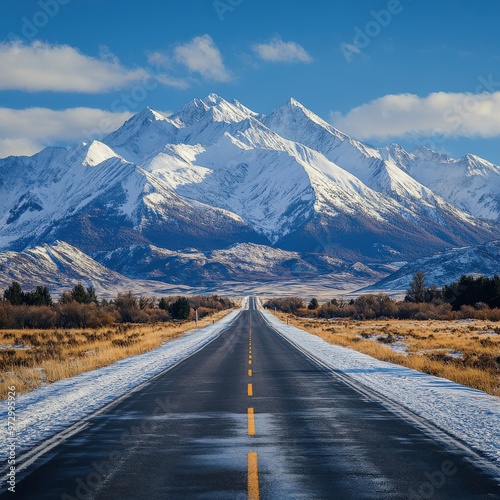 Straight Road Leading to Snowy Mountains Under Clear Blue Skies