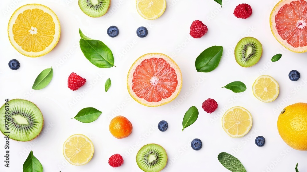 A variety of fruits for summer refreshment, oranges, kiwi, raspberries, strawberries, apples in flat lay view isolated against a background. A variety of fruits for summer refreshment, oranges, kiwi, raspberries, strawberries, apples in flat lay view isolated against a background.