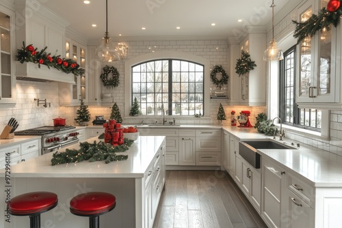 White modern kitchen interior, with kitchen island beautifully decorated for Christmas holidays
