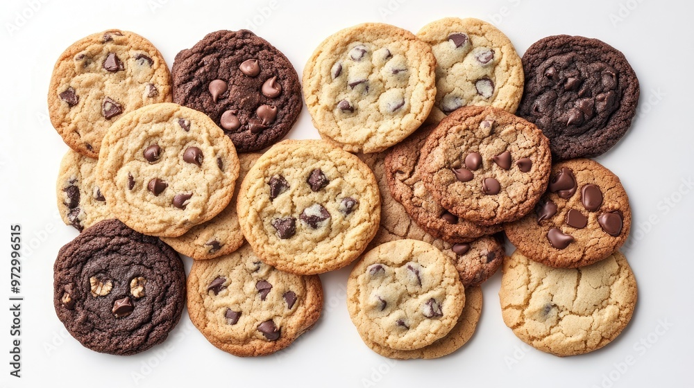An assortment of cookies including chocolate chip, oatmeal raisin, and sugar cookies, artfully displayed on a white background, showcasing their variety. An assortment of cookies including chocolate chip, oatmeal raisin, and sugar cookies, artfully displayed on a white background, showcasing their variety.