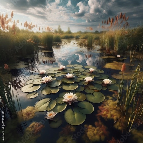 Wetland Biome: A group of water lilies floating on a calm pond in a wetland, surrounded by marsh grasses, reeds, and the reflection of a cloudy sky on the water.