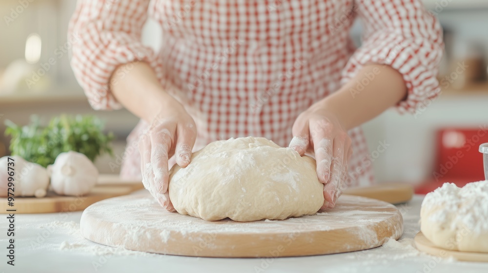 A baker's hands kneading soft dough, with flour scattered around, showcasing the craft of baking. Great for content related to baking, home kitchens, and culinary expertise. A baker's hands kneading soft dough, with flour scattered around, showcasing the craft of baking. Great for content related to baking, home kitchens, and culinary expertise.