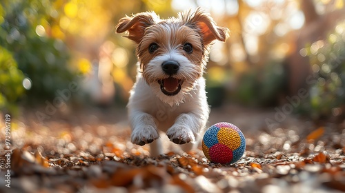 Adorable puppy playing with a colorful ball in the park, surrounded by autumn leaves on a sunny day. Energetic and joyful moment captured perfectly. photo