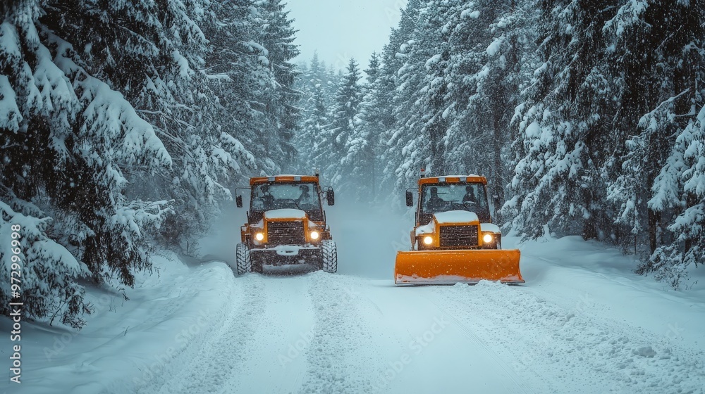 Road Scrapers Working on Snowy Winter Roads in the Forest Road Scrapers Working on Snowy Winter Roads in the Forest