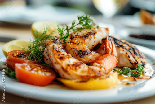 a beautifully presented grilled seafood dish on a bright, luxurious table. Include a variety of premium seafood items, sophisticated for hotel restaurant